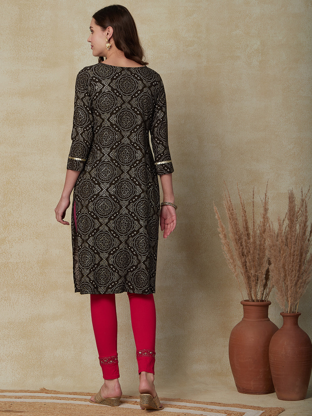 Ethnic Printed Sequins Embroidered Tasseled Kurta - Brown