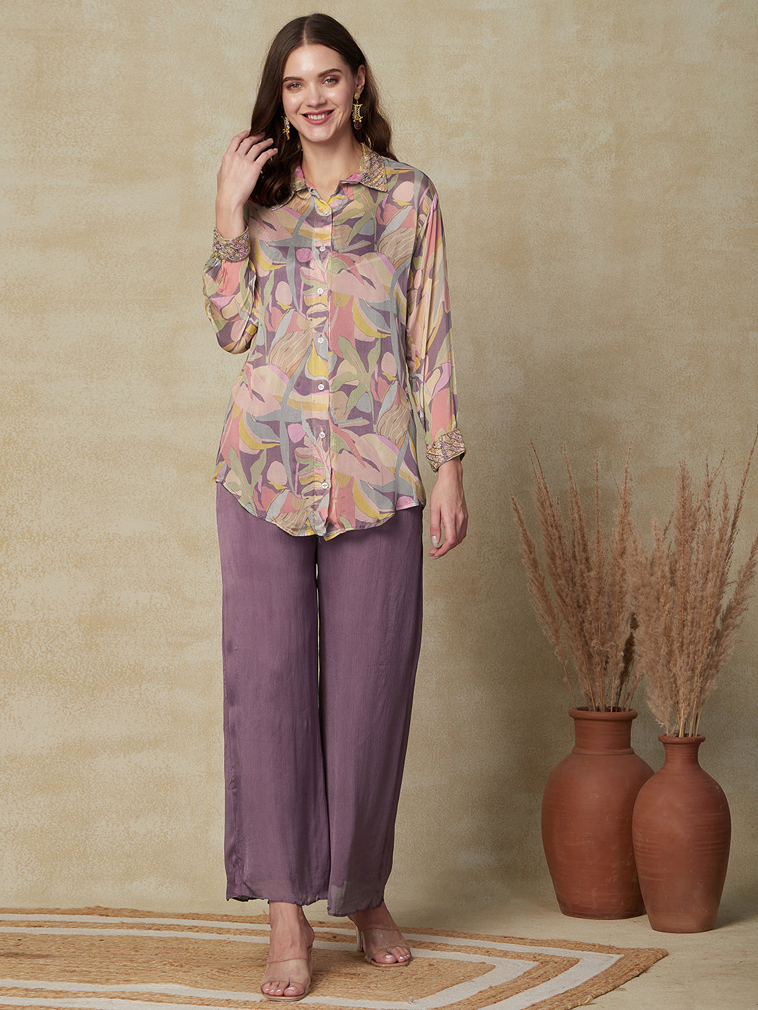 Abstract Printed Zardozi Embroidered Shirt with Palazzo Indo-Western Set - Multi