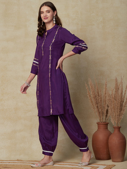 Solid Mirror & Resham Embroidered Kurta with Salwar Pants - Violet