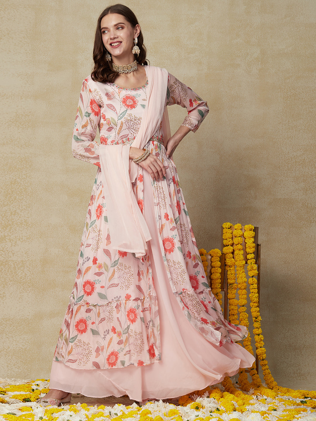 Floral Printed Mirror & Aari Embroidered Pleated Kurta with Skirt & Dupatta - Pink