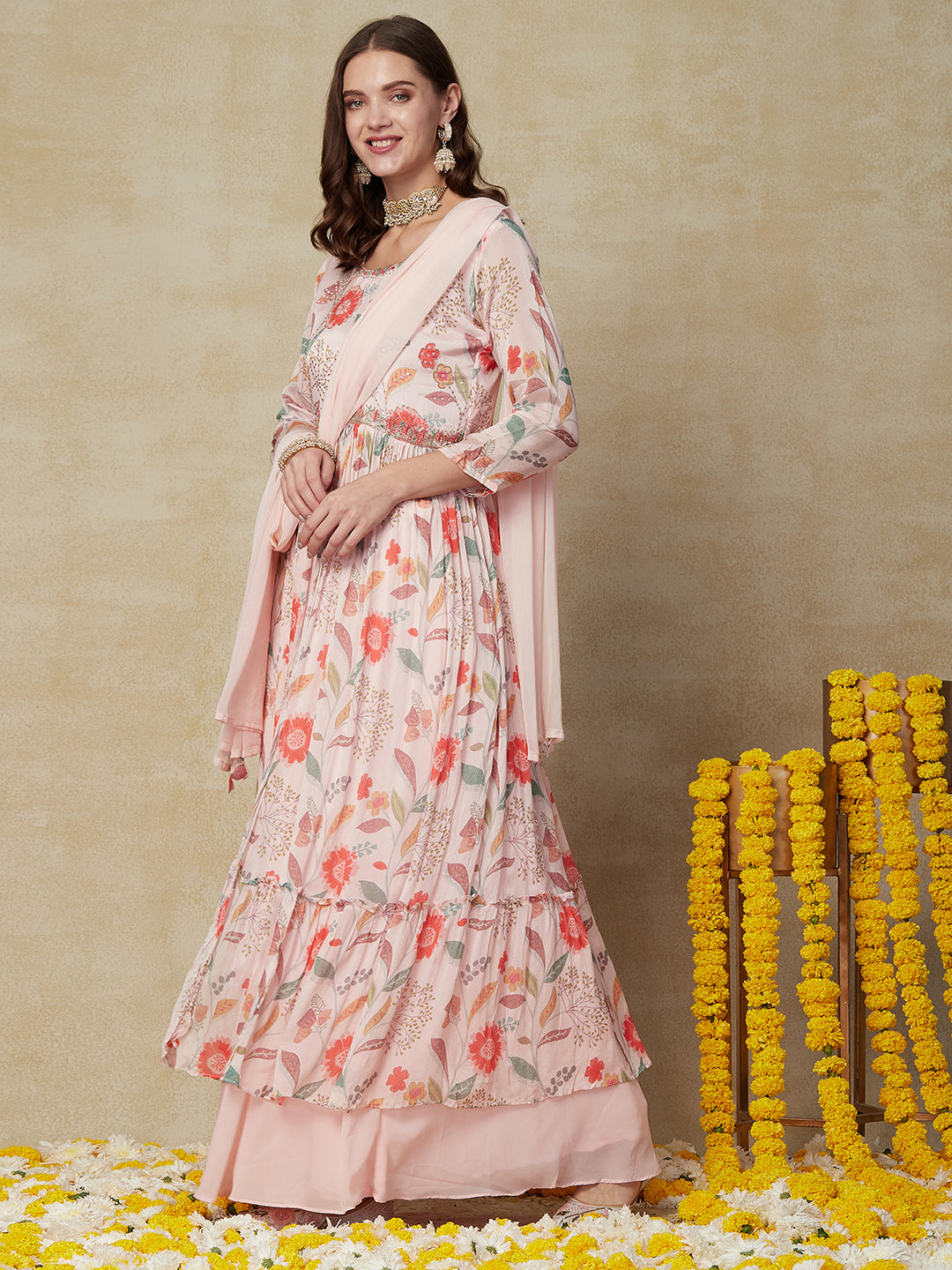 Floral Printed Mirror & Aari Embroidered Pleated Kurta with Skirt & Dupatta - Pink