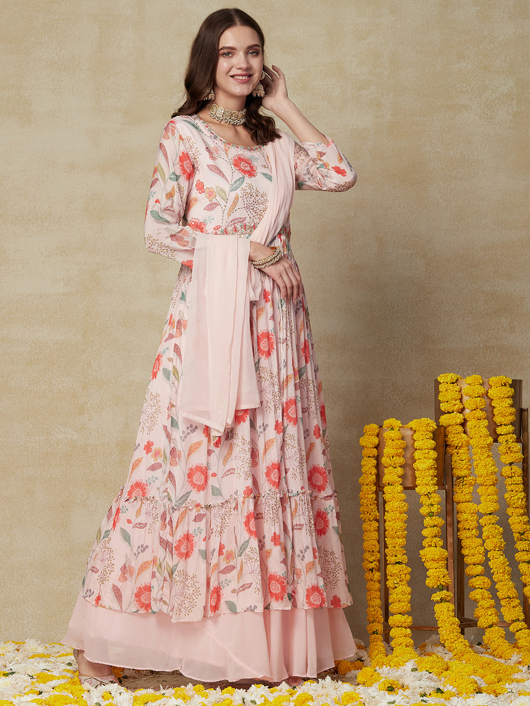 Floral Printed Mirror & Aari Embroidered Pleated Kurta with Skirt & Dupatta - Pink