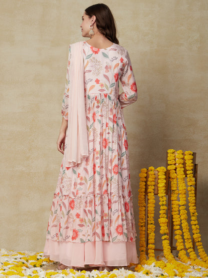 Floral Printed Mirror & Aari Embroidered Pleated Kurta with Skirt & Dupatta - Pink