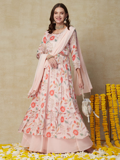 Floral Printed Mirror & Aari Embroidered Pleated Kurta with Skirt & Dupatta - Pink