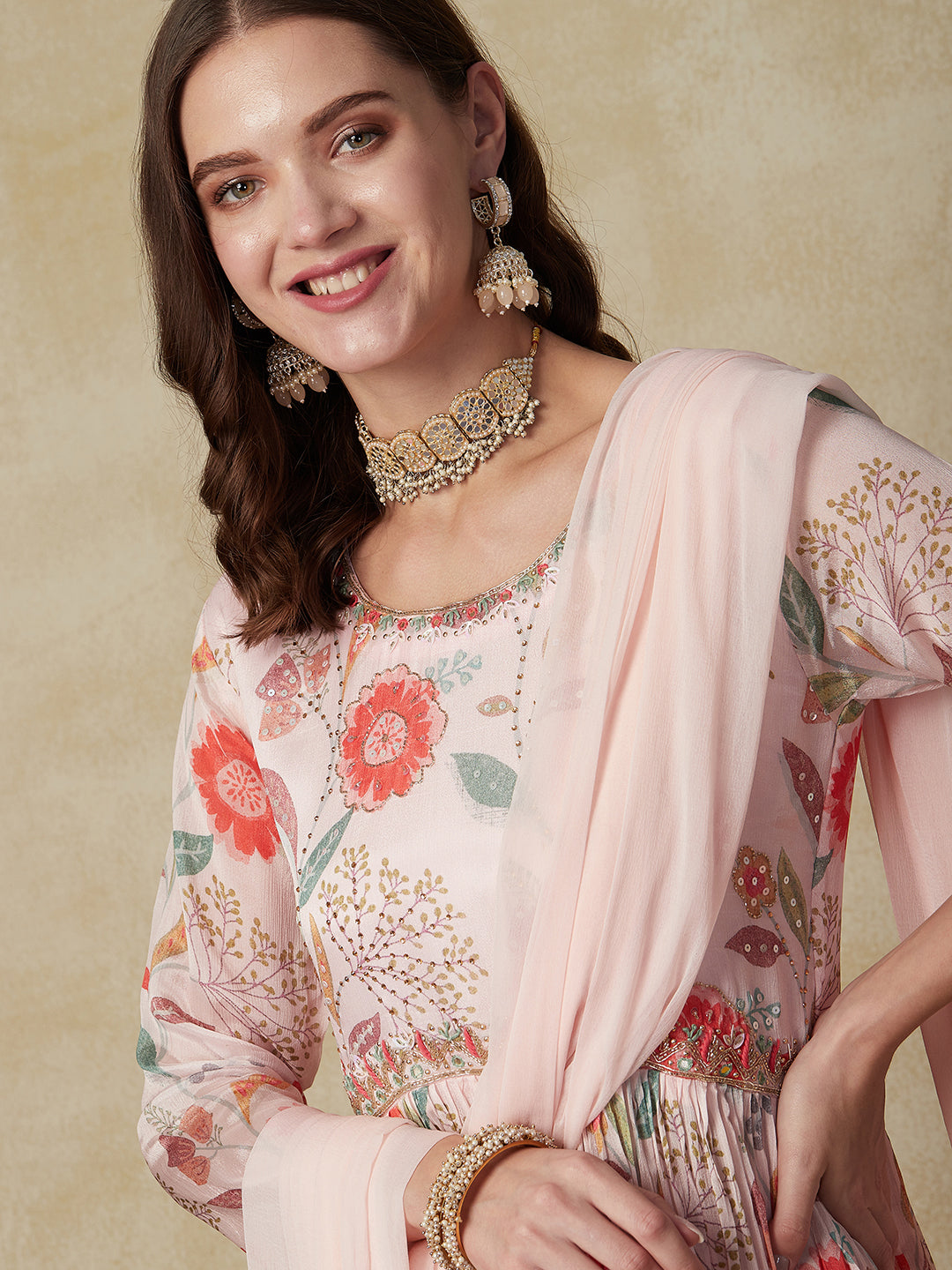 Floral Printed Mirror & Aari Embroidered Pleated Kurta with Skirt & Dupatta - Pink