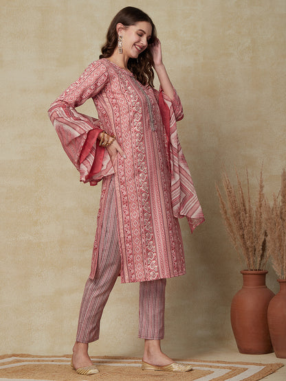 Ethnic Floral Printed Straight Fit Kurta with Pant & Dupatta - Pink