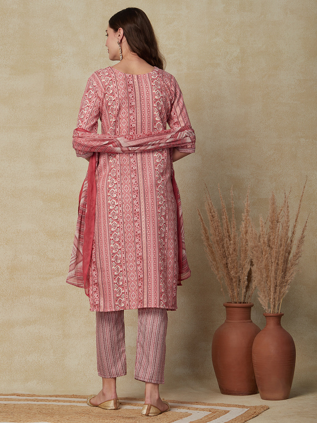 Ethnic Floral Printed Straight Fit Kurta with Pant & Dupatta - Pink