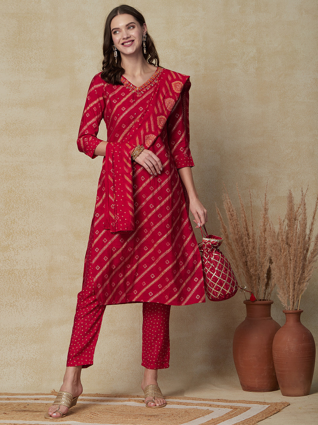 Ethnic Foil Printed Straight Fit Kurta with Pant & Dupatta - Red