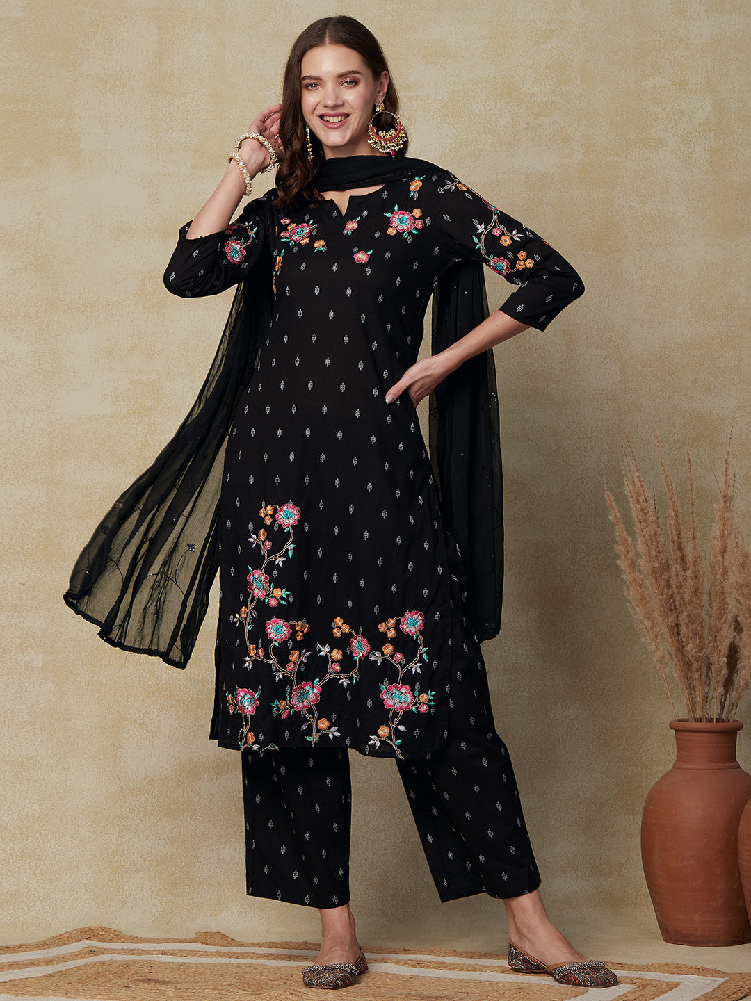 Woven Dobby Design Resham Embroidered Kurta with Pants & Dupatta - Black