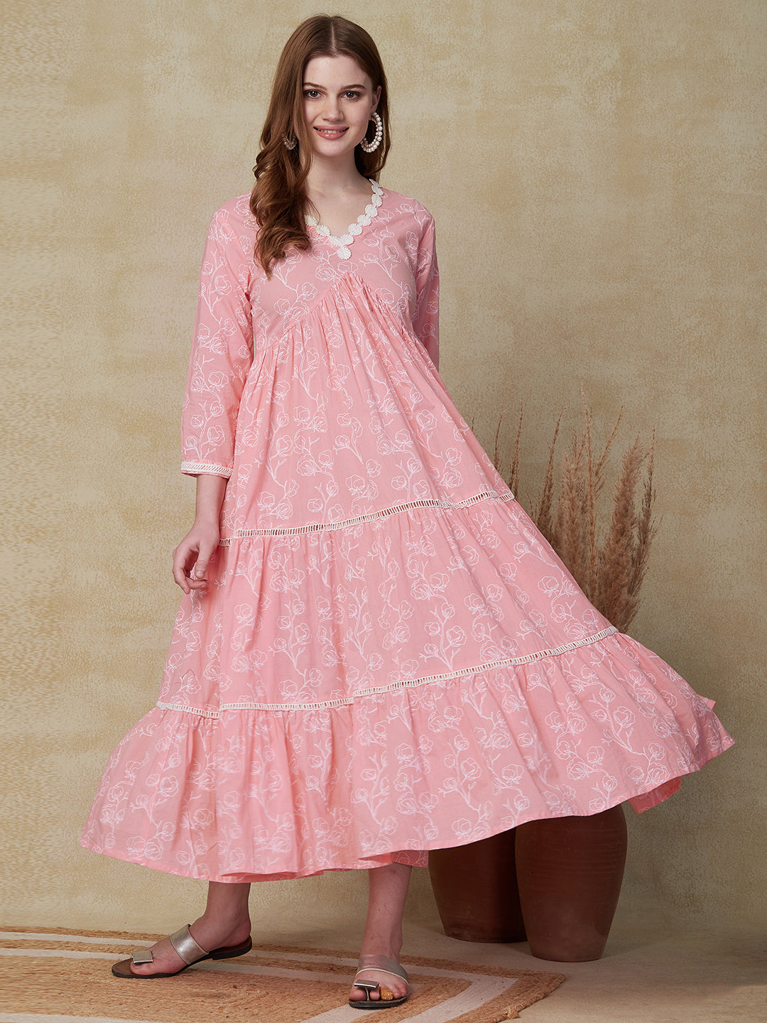 Khari Floral Printed A-Line Tiered Maxi Dress - Pink