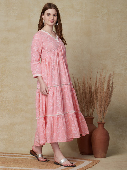 Khari Floral Printed A-Line Tiered Maxi Dress - Pink