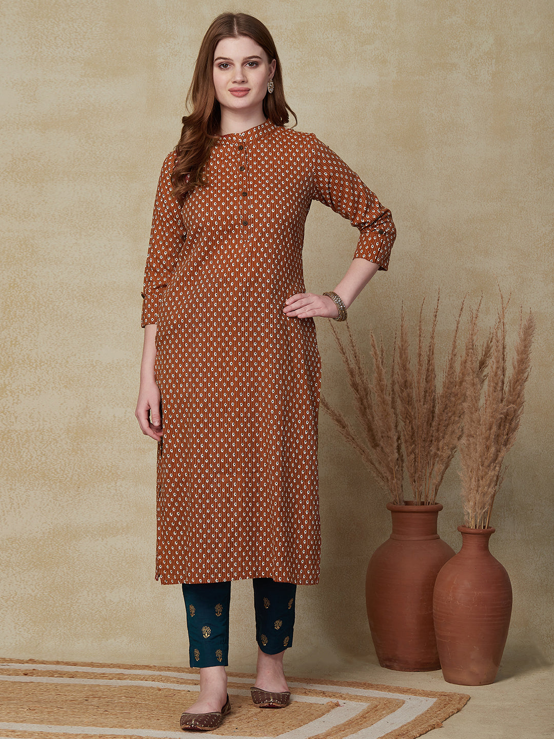 Woven Striped Ethnic Printed Wooden Buttoned Kurta - Rust Brown