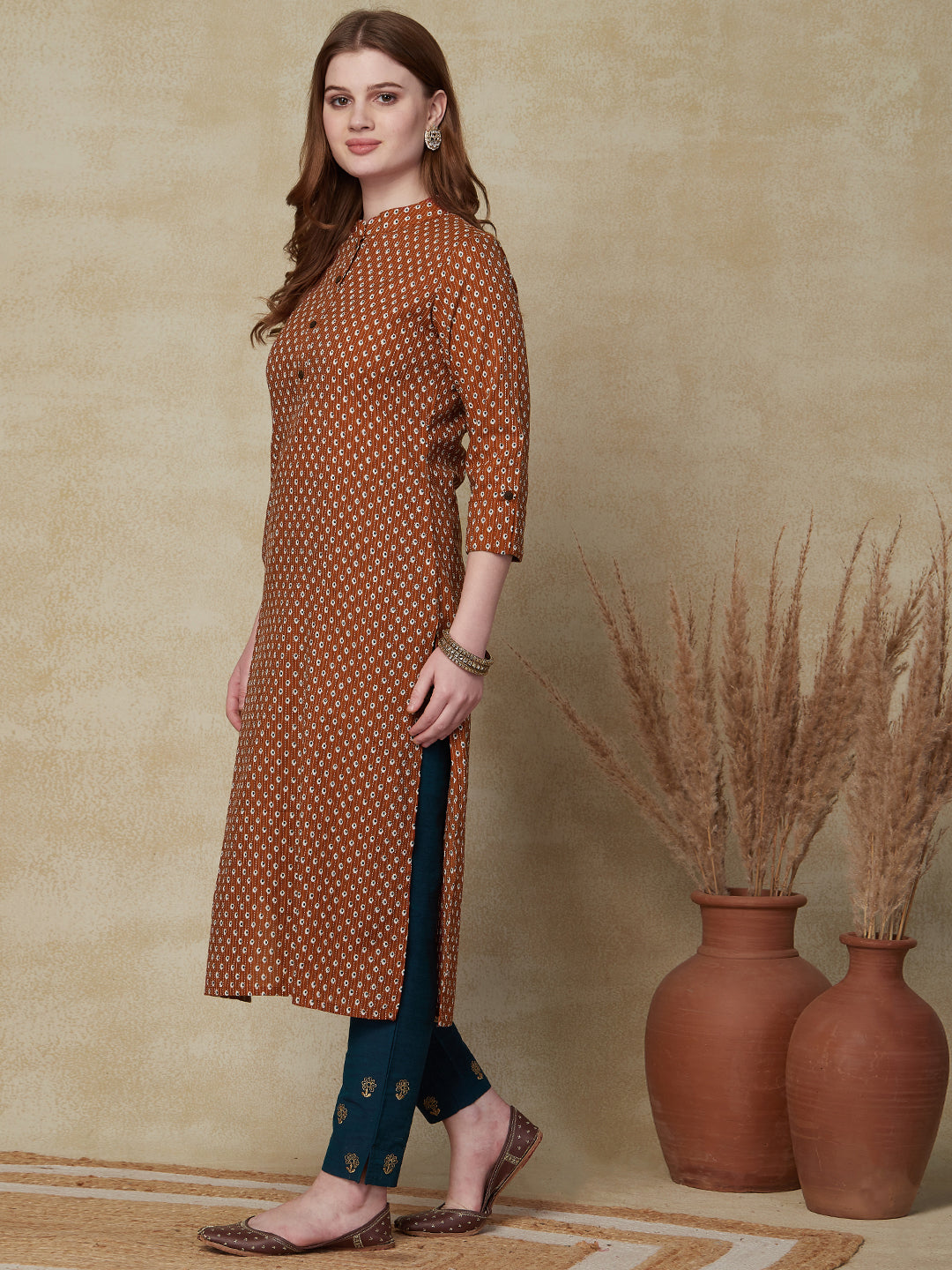 Woven Striped Ethnic Printed Wooden Buttoned Kurta - Rust Brown