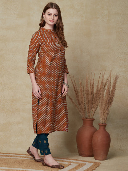 Woven Striped Ethnic Printed Wooden Buttoned Kurta - Rust Brown