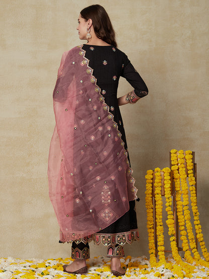 Solid Mirror & Resham Embroidered Anarkali Kurta with Pants & Embroidered Dupatta - Black