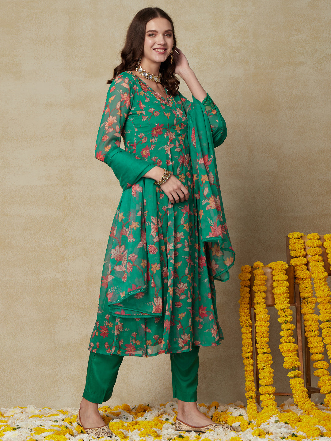 Floral Printed Mirror & Cutdana Embroidered Anarkali Kurta with Pants & Dupatta - Green