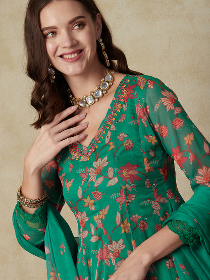 Floral Printed Mirror & Cutdana Embroidered Anarkali Kurta with Pants & Dupatta - Green