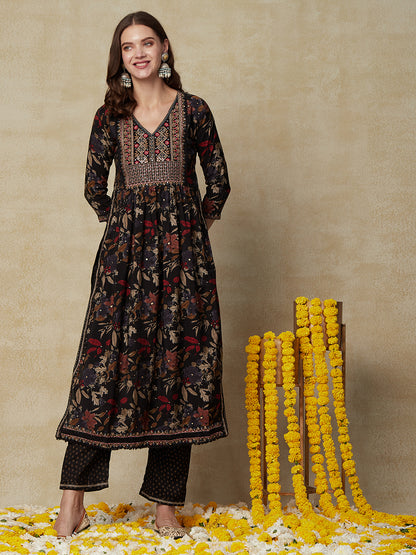 Floral Printed Mirror & Resham Embroidered Kurta with Pants & Dupatta - Black