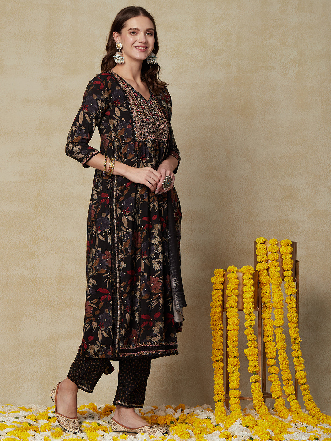 Floral Printed Mirror & Resham Embroidered Kurta with Pants & Dupatta - Black