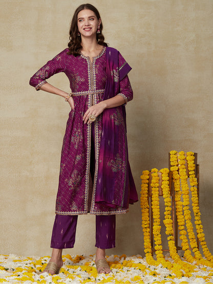 Lehriya Printed Zari Embroidered Pleated Kurta with Pants, Dupatta & Waist Belt - Purple