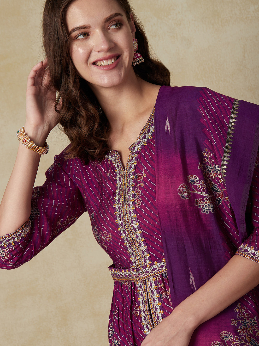 Lehriya Printed Zari Embroidered Pleated Kurta with Pants, Dupatta & Waist Belt - Purple