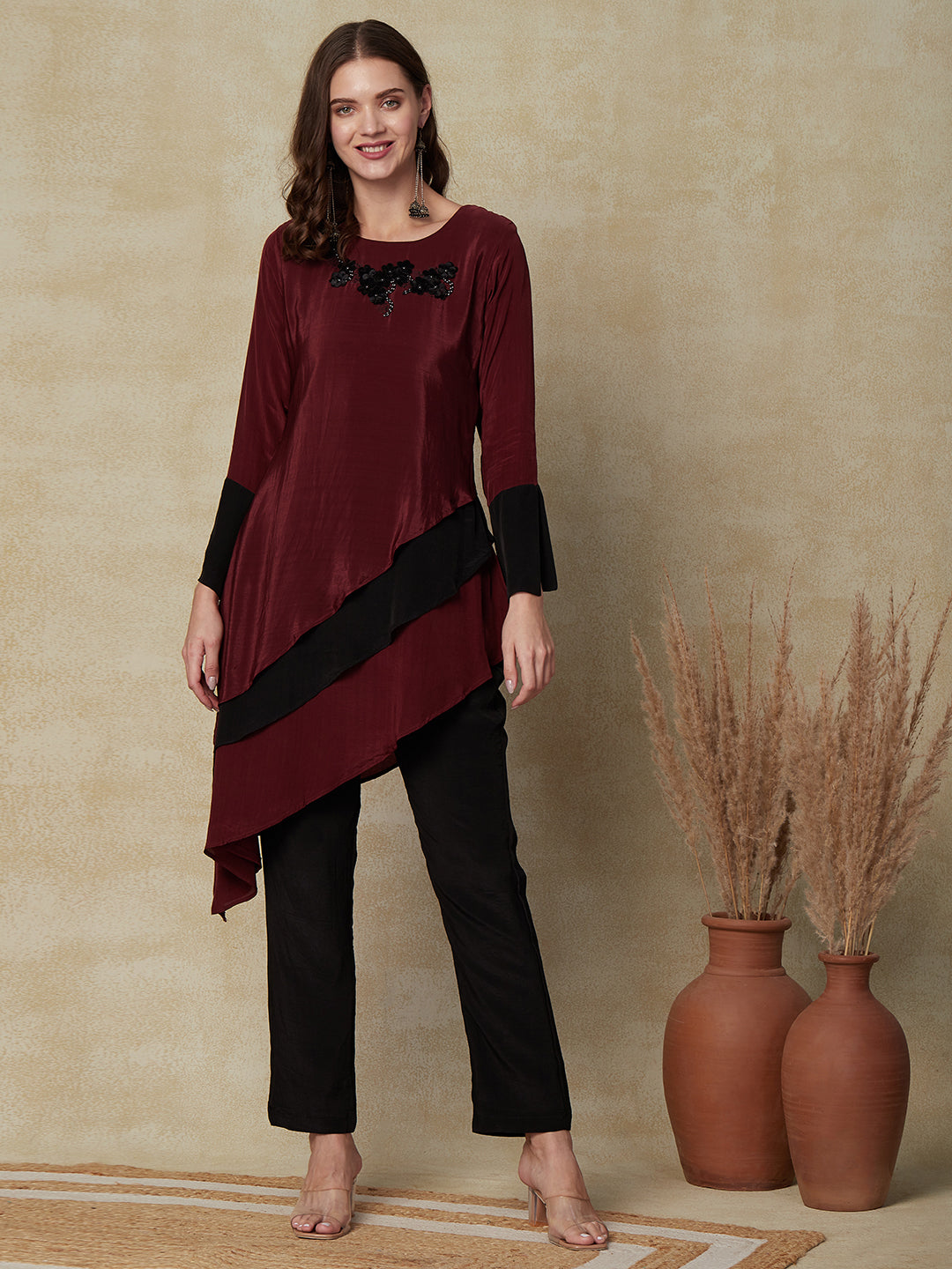 Solid Stone Embroidered Layered Asymmetric Kurta with Pants & Dupatta - Maroon
