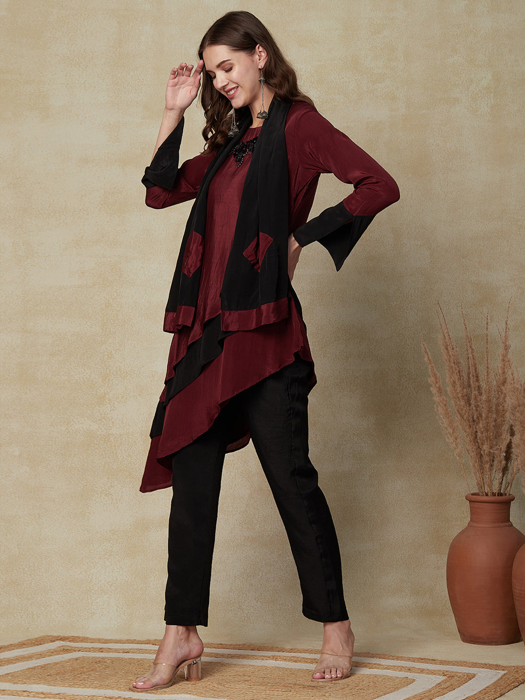 Solid Stone Embroidered Layered Asymmetric Kurta with Pants & Dupatta - Maroon