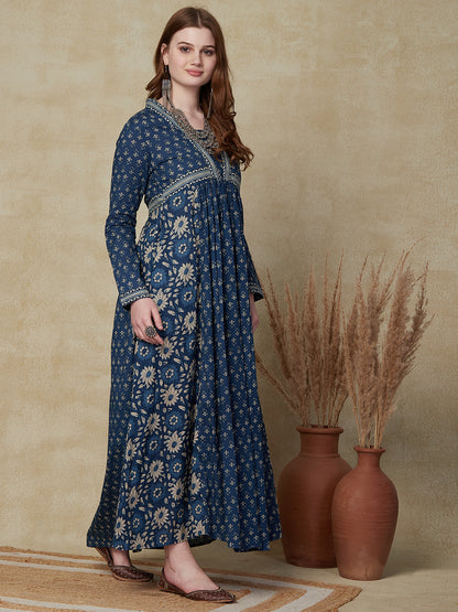 Ethnic Floral Printed & Embroidered A-Line Pleated Maxi Dress - Blue