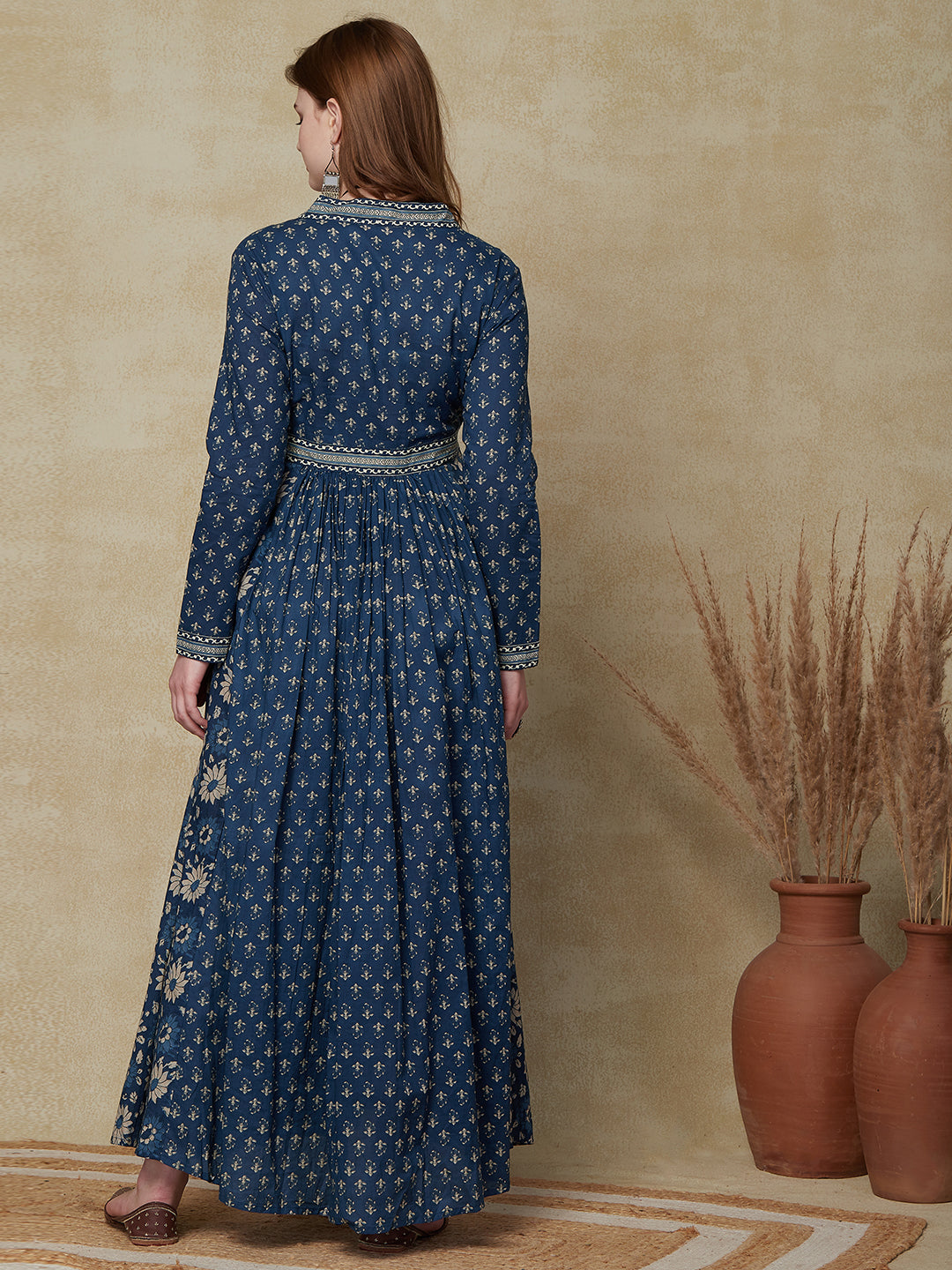 Ethnic Floral Printed & Embroidered A-Line Pleated Maxi Dress - Blue