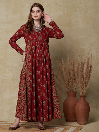 Floral Ethnic Printed & Embroidered A-Line Pleated Maxi Dress - Maroon