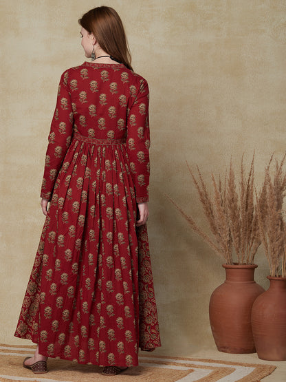 Floral Ethnic Printed & Embroidered A-Line Pleated Maxi Dress - Maroon