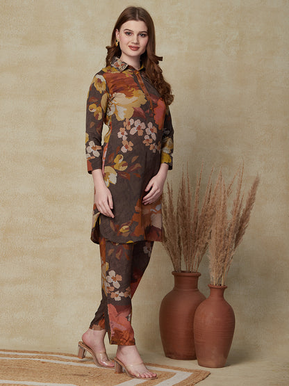 Abstract Printed Zardozi Embroidered Kurti with Pants Indo-Western Co-ord Set - Brown