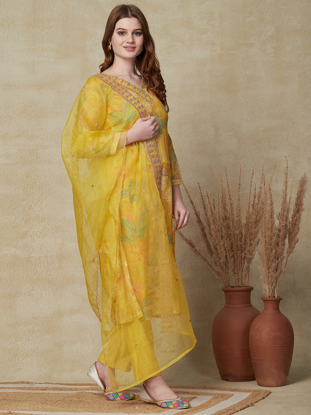 Floral Printed Zari & Sequins Embroidered Kurta with Pants & Embroidered Dupatta - Yellow
