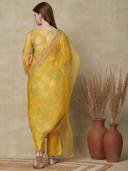 Floral Printed Zari & Sequins Embroidered Kurta with Pants & Embroidered Dupatta - Yellow