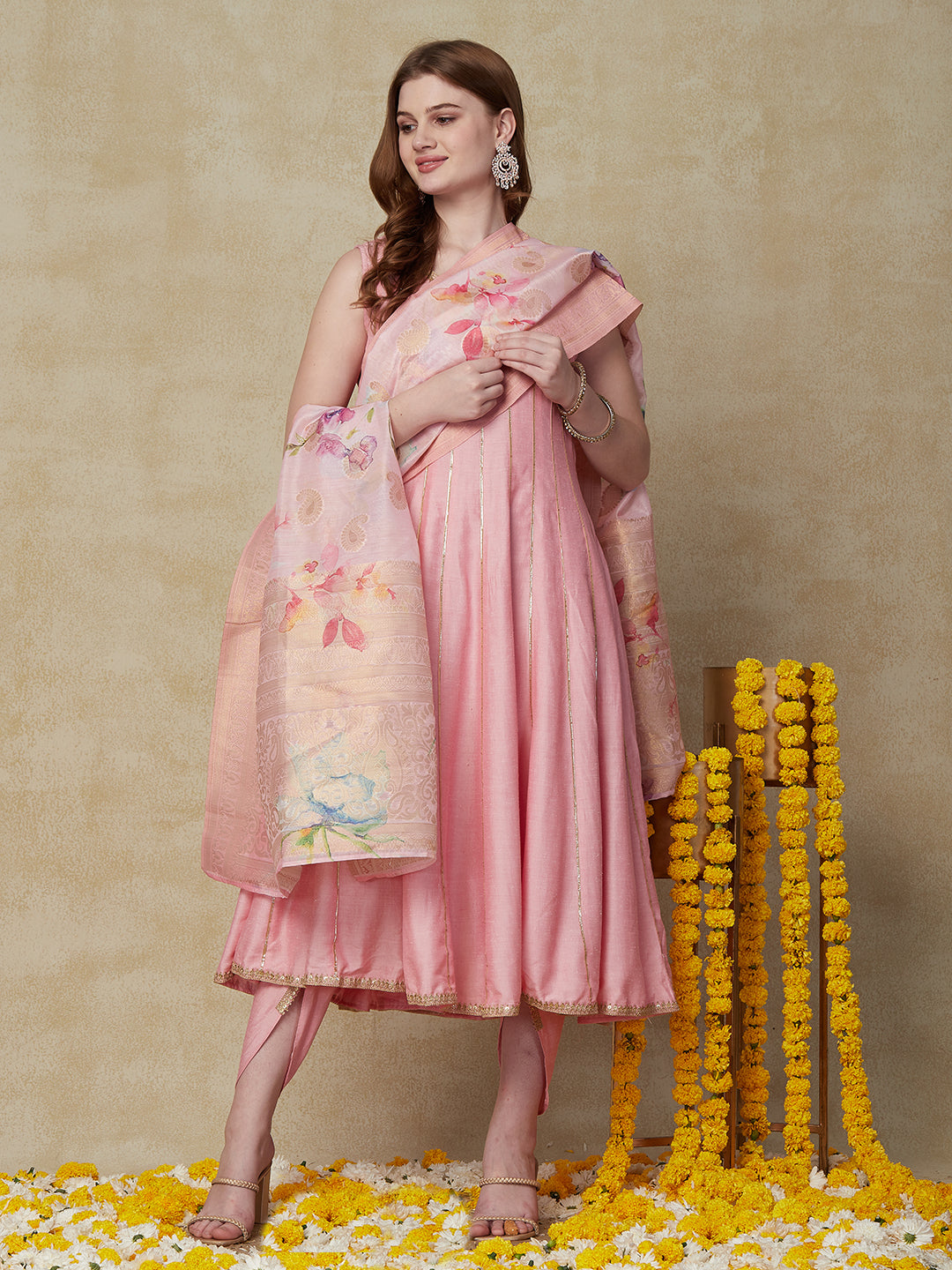 Solid Sequin Embroidered Anarkali Kurta with Pant & Floral Printed Dupatta - Pink