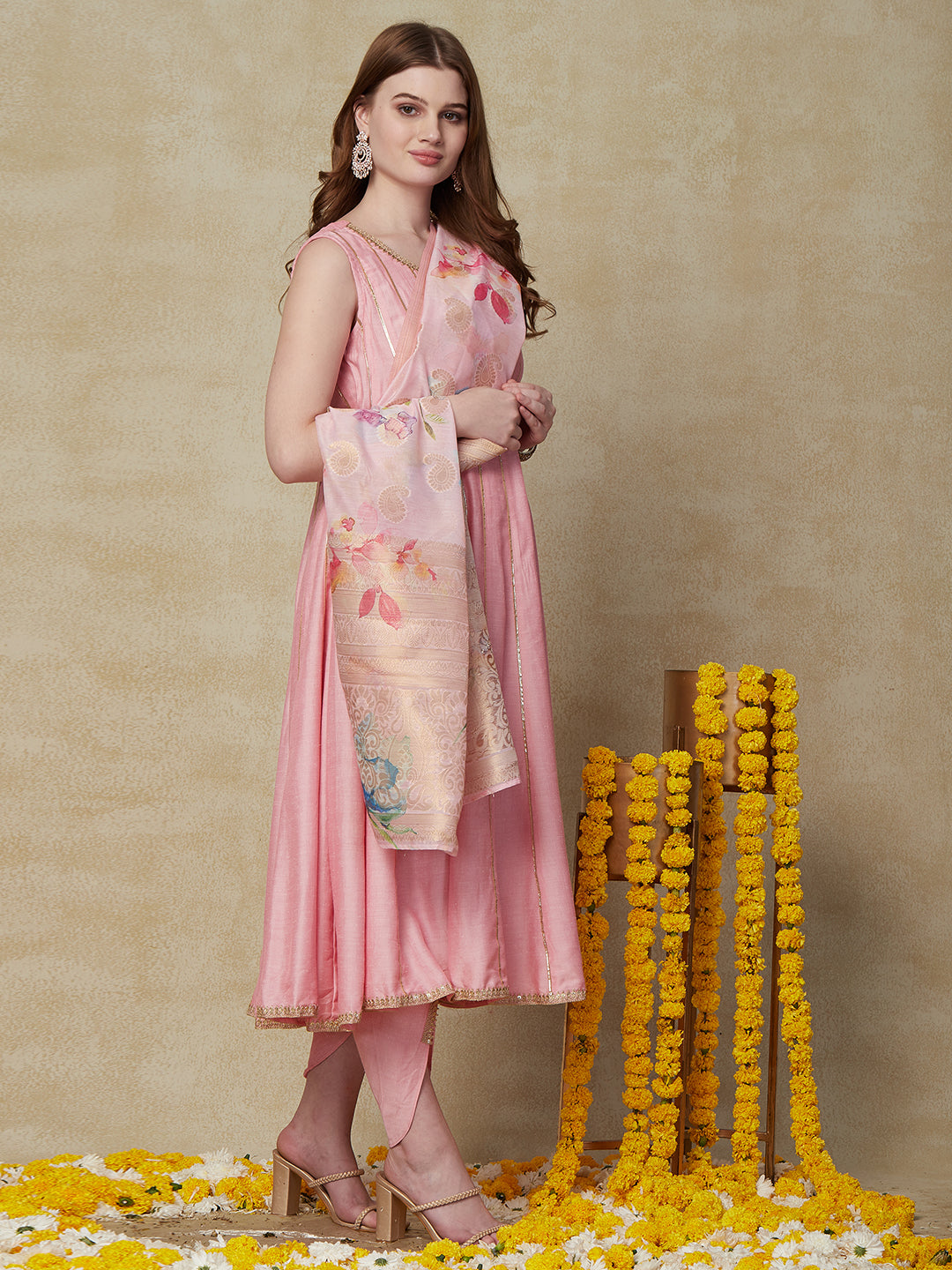 Solid Sequin Embroidered Anarkali Kurta with Pant & Floral Printed Dupatta - Pink