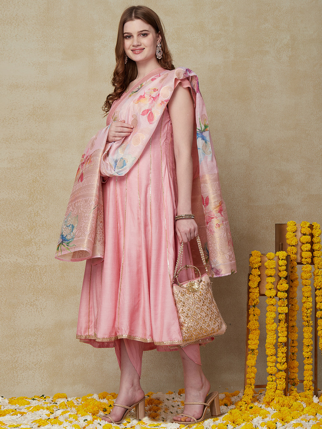 Solid Sequin Embroidered Anarkali Kurta with Pant & Floral Printed Dupatta - Pink