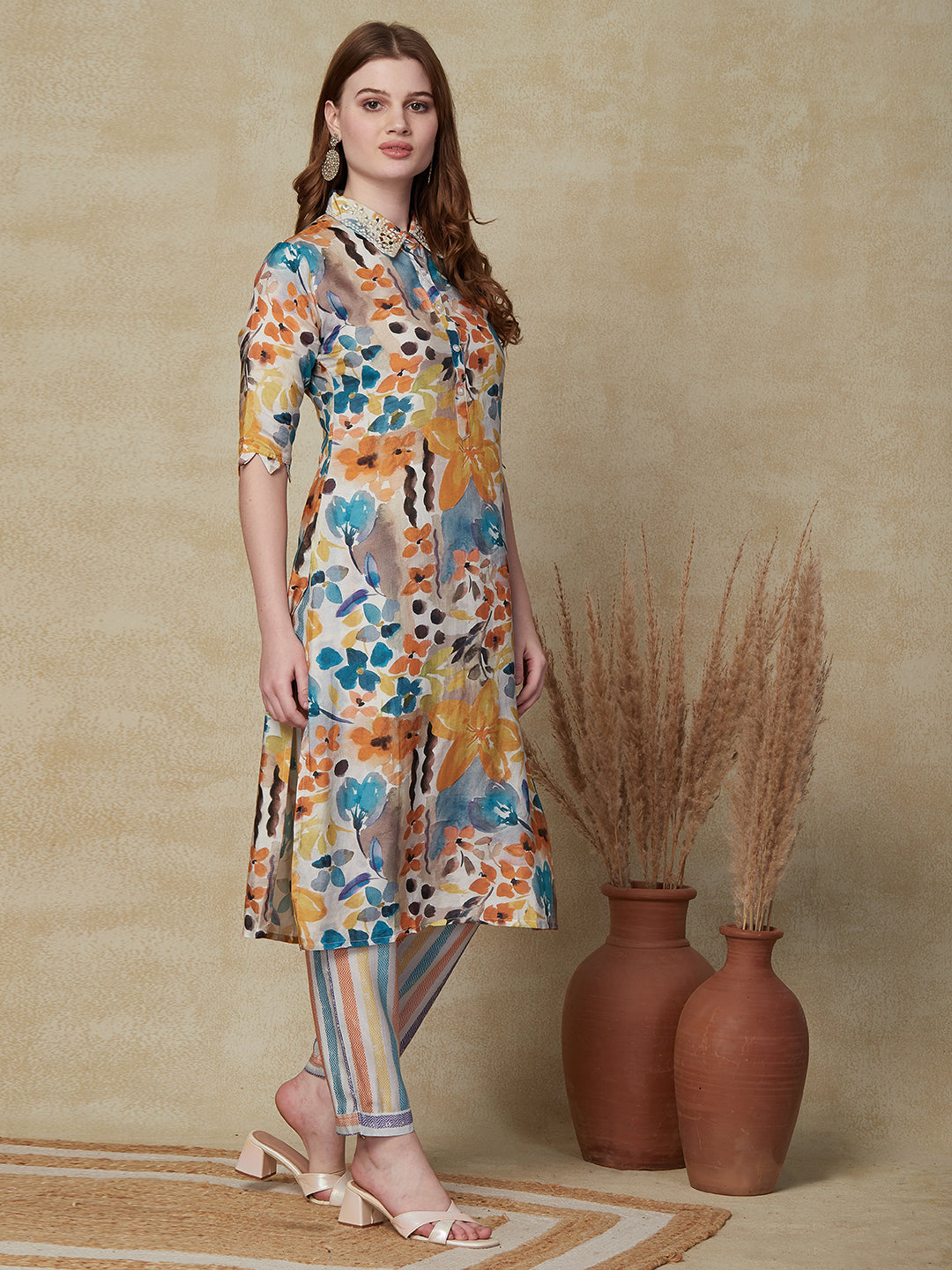 Floral & Abstract Printed Mirror & Resham Embroidered Kurta with Pants - Multi