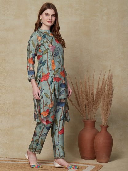 Floral Printed Mirror Embroidered High-Low Hem Kurta with Pants Co-ord Set - Green