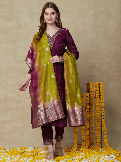 Woven Zari Jacquard Zari Dori & Sequins Embroidered Kurta with Jacquard Dupatta - Violet