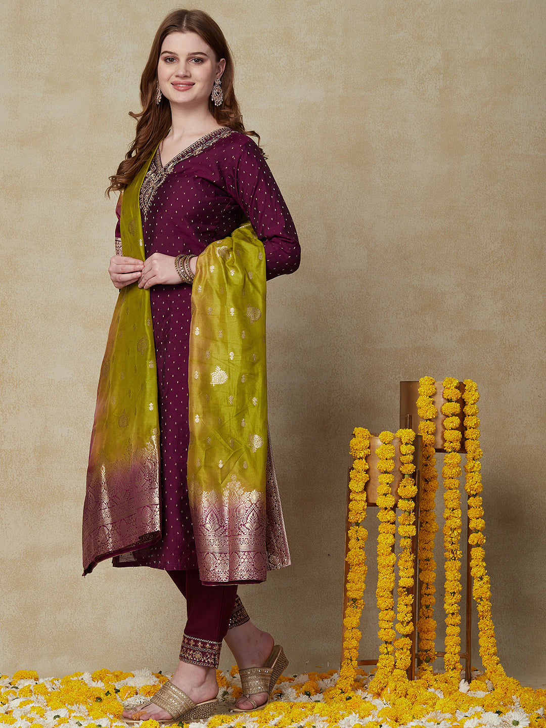 Woven Zari Jacquard Zari Dori & Sequins Embroidered Kurta with Jacquard Dupatta - Violet