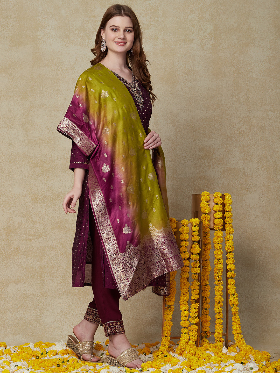 Woven Zari Jacquard Zari Dori & Sequins Embroidered Kurta with Jacquard Dupatta - Violet