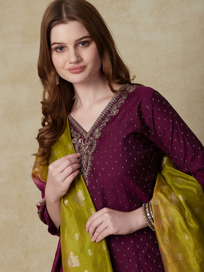 Woven Zari Jacquard Zari Dori & Sequins Embroidered Kurta with Jacquard Dupatta - Violet