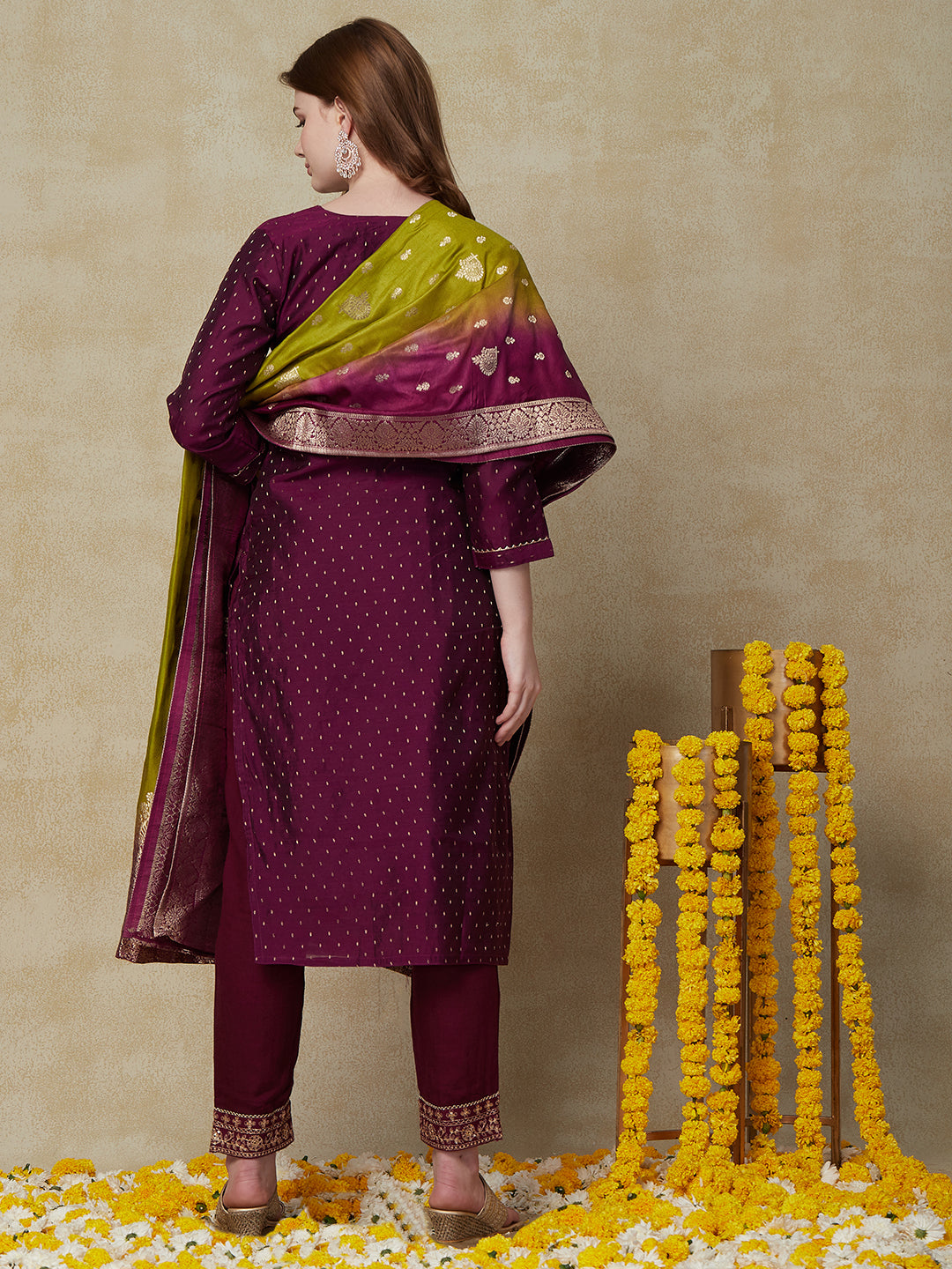 Woven Zari Jacquard Zari Dori & Sequins Embroidered Kurta with Jacquard Dupatta - Violet