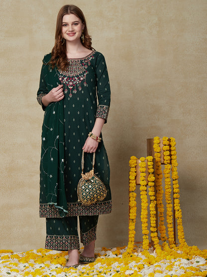 Woven Jacquard Resham & Sequins Embroidered Kurta with Palazzo & Dupatta - Green