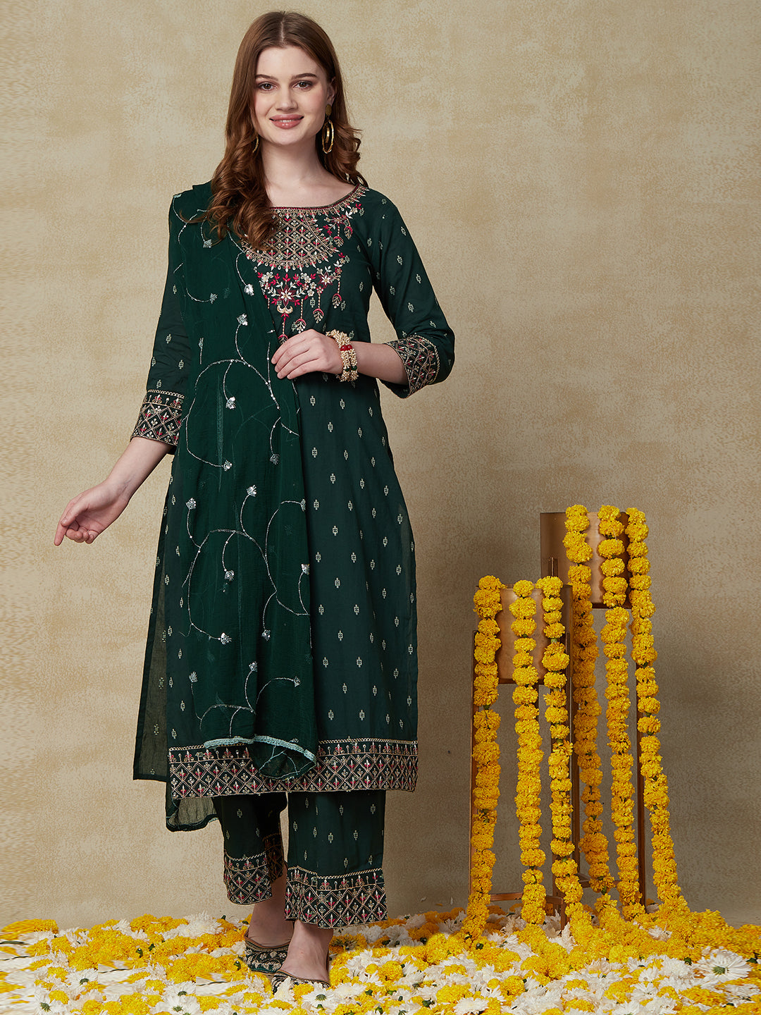 Woven Jacquard Resham & Sequins Embroidered Kurta with Palazzo & Dupatta - Green