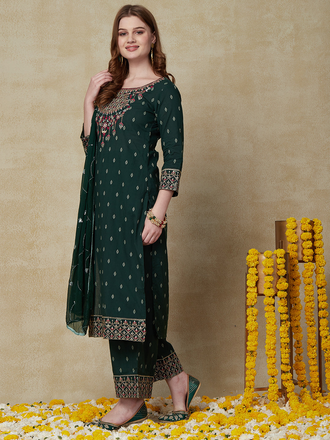 Woven Jacquard Resham & Sequins Embroidered Kurta with Palazzo & Dupatta - Green