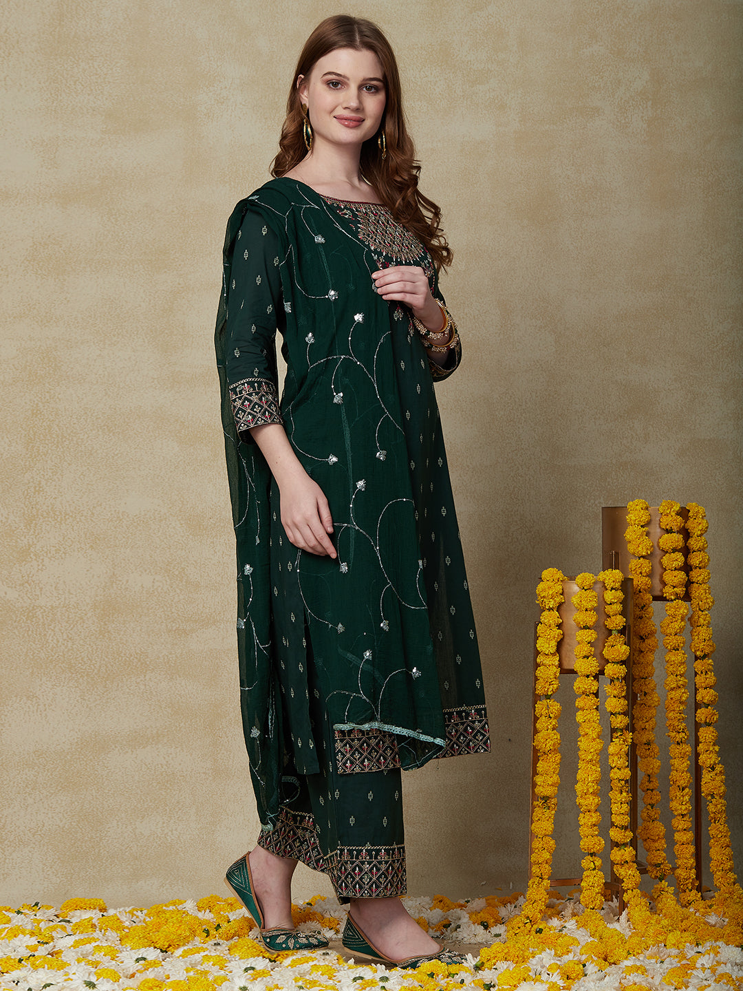 Woven Jacquard Resham & Sequins Embroidered Kurta with Palazzo & Dupatta - Green