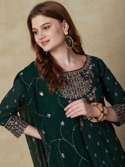 Woven Jacquard Resham & Sequins Embroidered Kurta with Palazzo & Dupatta - Green