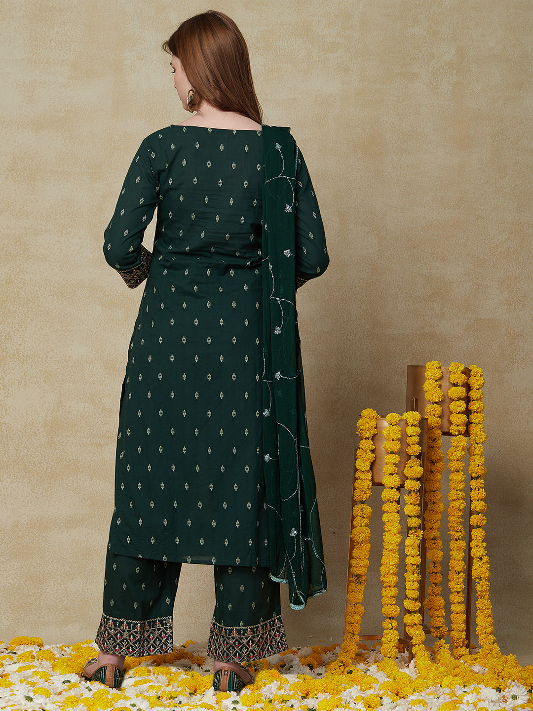 Woven Jacquard Resham & Sequins Embroidered Kurta with Palazzo & Dupatta - Green